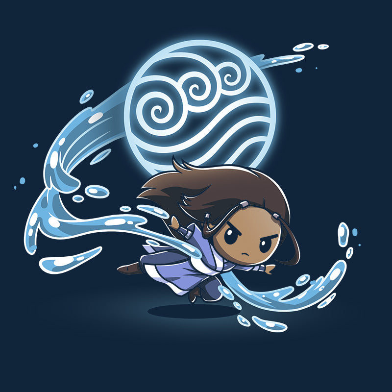 Pullover Hoodie_TeeTurtle navy blue Water Tribe apparel featuring Katara waterbending with the Water Nation symbol in the background.