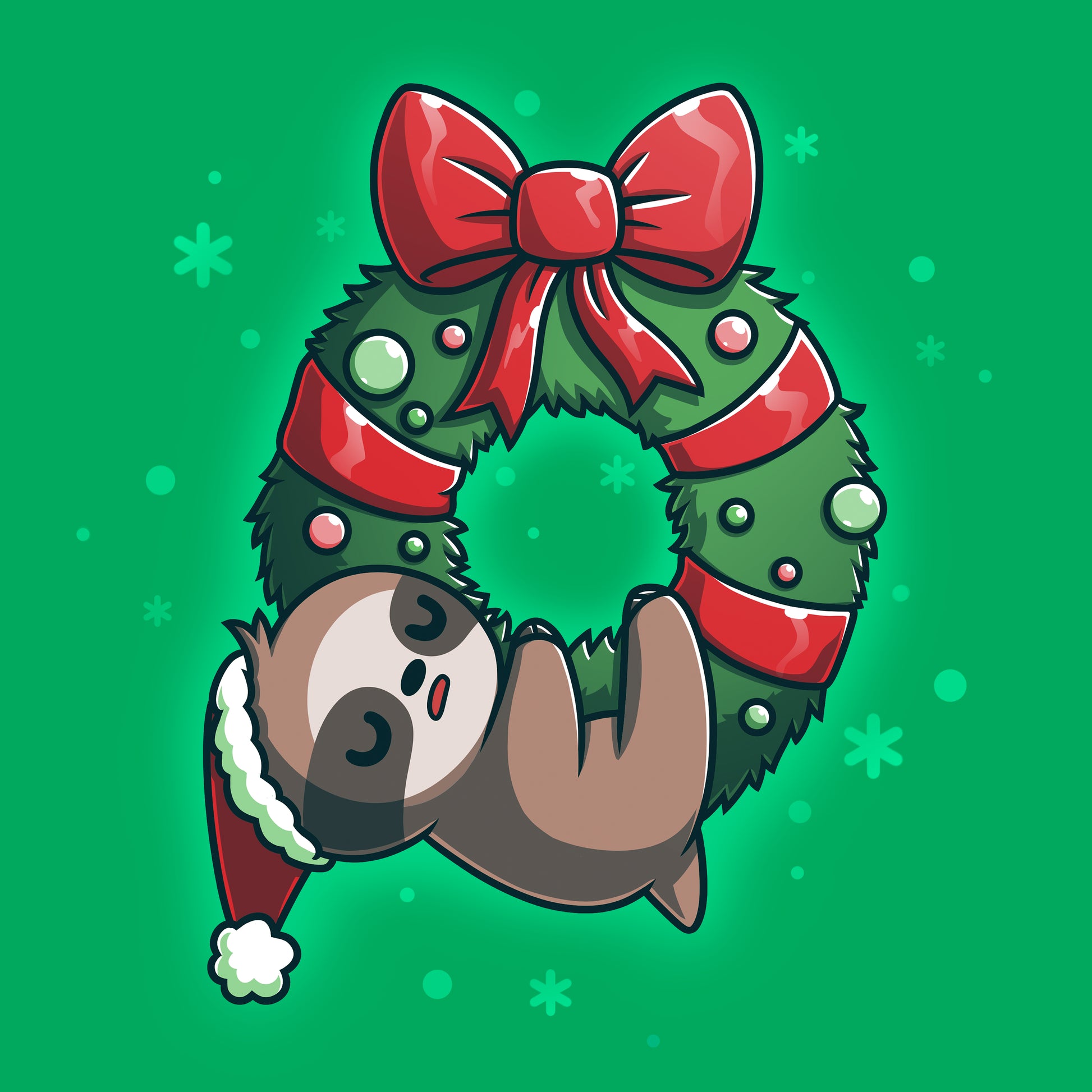 Classic Cotton T-shirt_TeeTurtle We Wish You a Lazy Christmas Irish green t-shirt featuring a cartoon sloth in a Santa hat, snoozing while hanging from a festive wreath adorned with red ribbons and ornaments. 