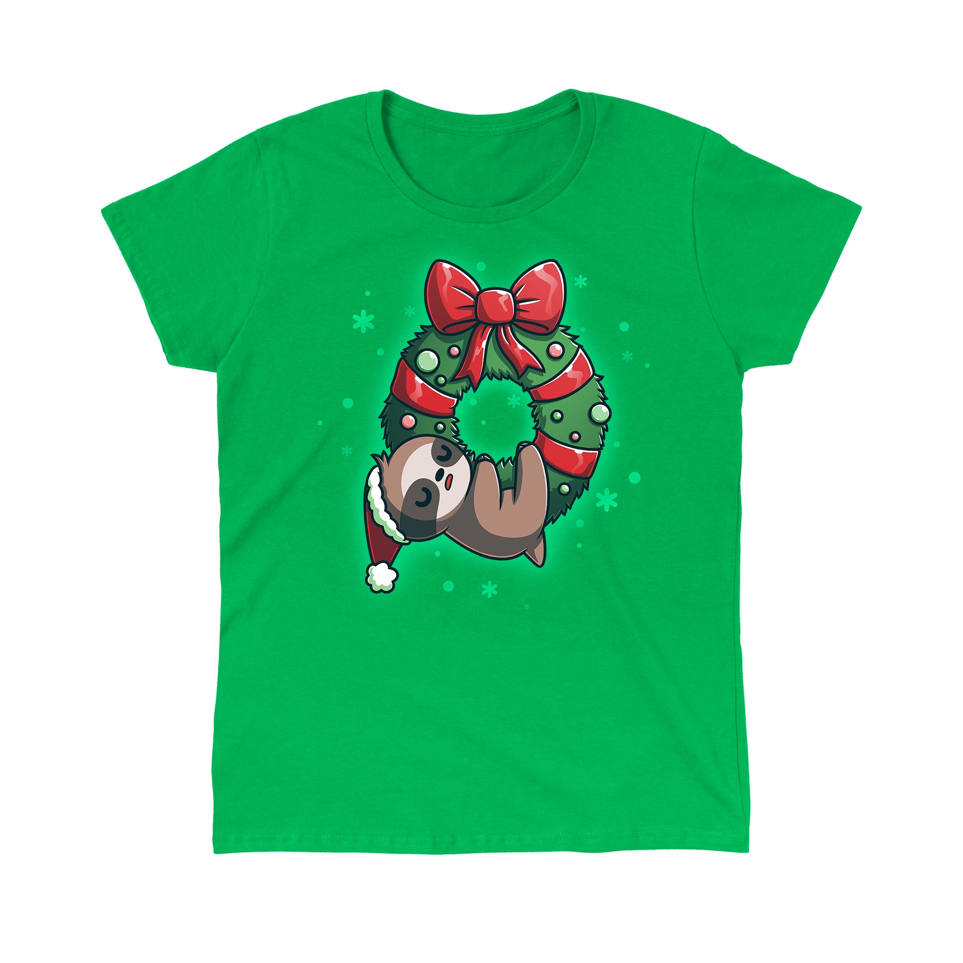 Classic Cotton T-shirt_TeeTurtle We Wish You a Lazy Christmas Irish green t-shirt featuring a cartoon sloth in a Santa hat, snoozing while hanging from a festive wreath adorned with red ribbons and ornaments. 