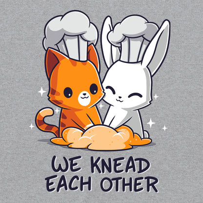 Classic Cotton T-shirt_TeeTurtle We Knead Each Other Heather Gray t-shirt featuring  an illustration of a cat and rabbit wearing chef hats, kneading dough with the text "We Knead Each Other" below them. 