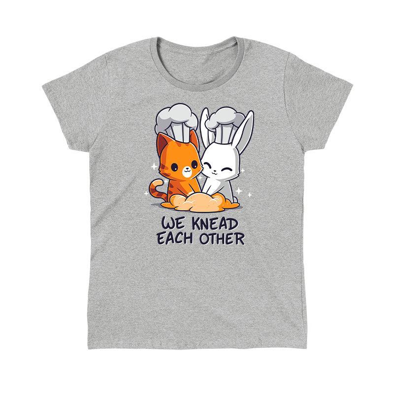 Classic Cotton T-shirt_TeeTurtle We Knead Each Other Heather Gray t-shirt featuring  an illustration of a cat and rabbit wearing chef hats, kneading dough with the text "We Knead Each Other" below them. 