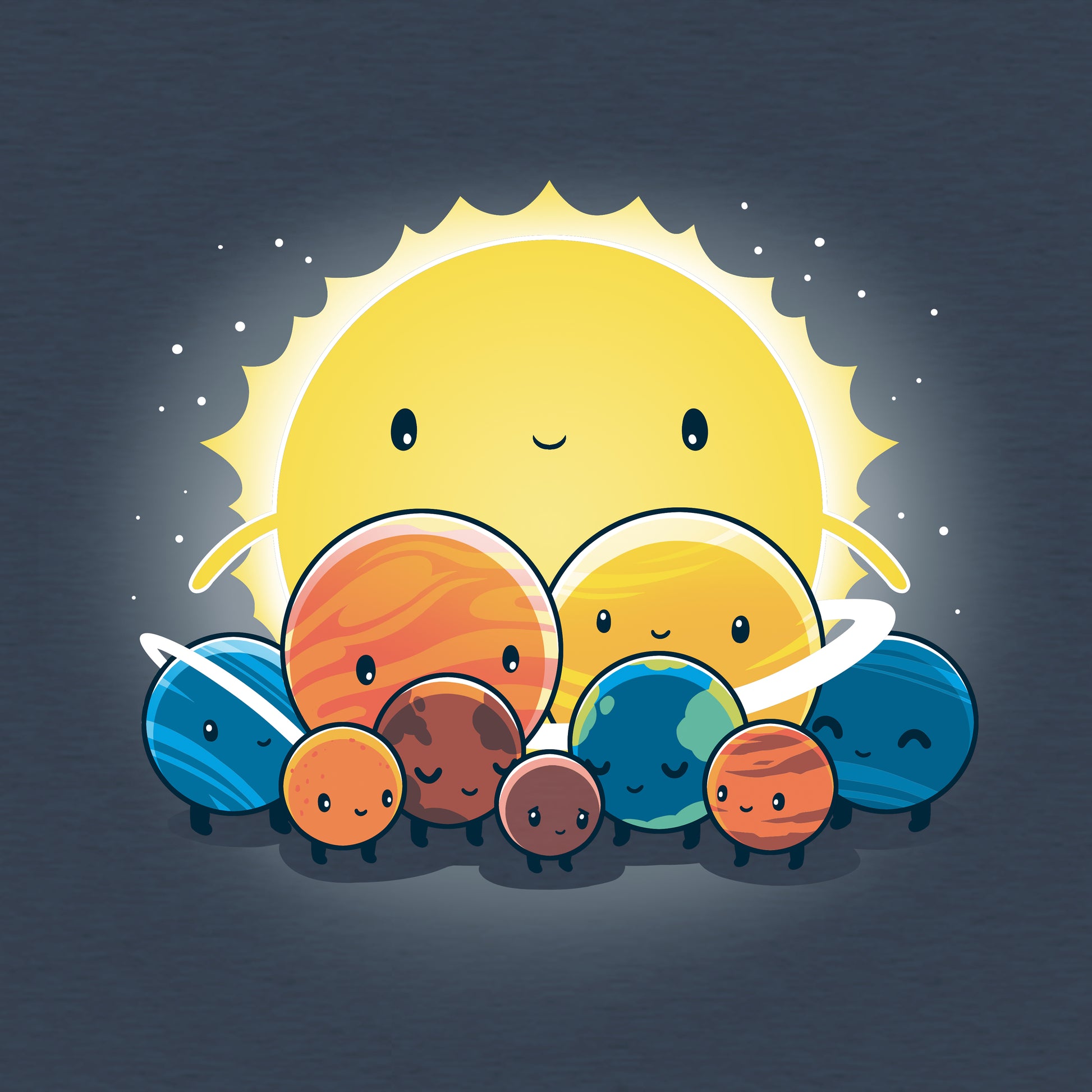 Classic Cotton T-shirt_Teeturtle We Still Love You, Pluto heather navy t-shirt featuring an illustration of the solar system with a smiling face on the Sun and different planets gathered together.