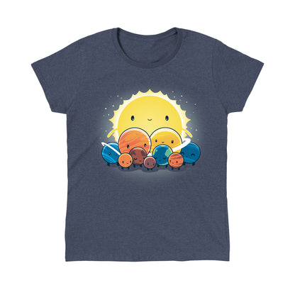 Classic Cotton T-shirt_Teeturtle We Still Love You, Pluto heather navy t-shirt featuring an illustration of the solar system with a smiling face on the Sun and different planets gathered together.