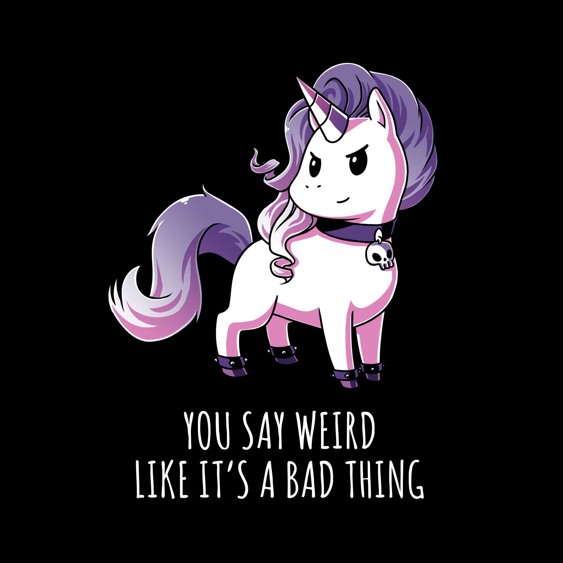 Pullover Hoodie_TeeTurtle black Weird Is Good. Featuring a unicorn with goth accessories.