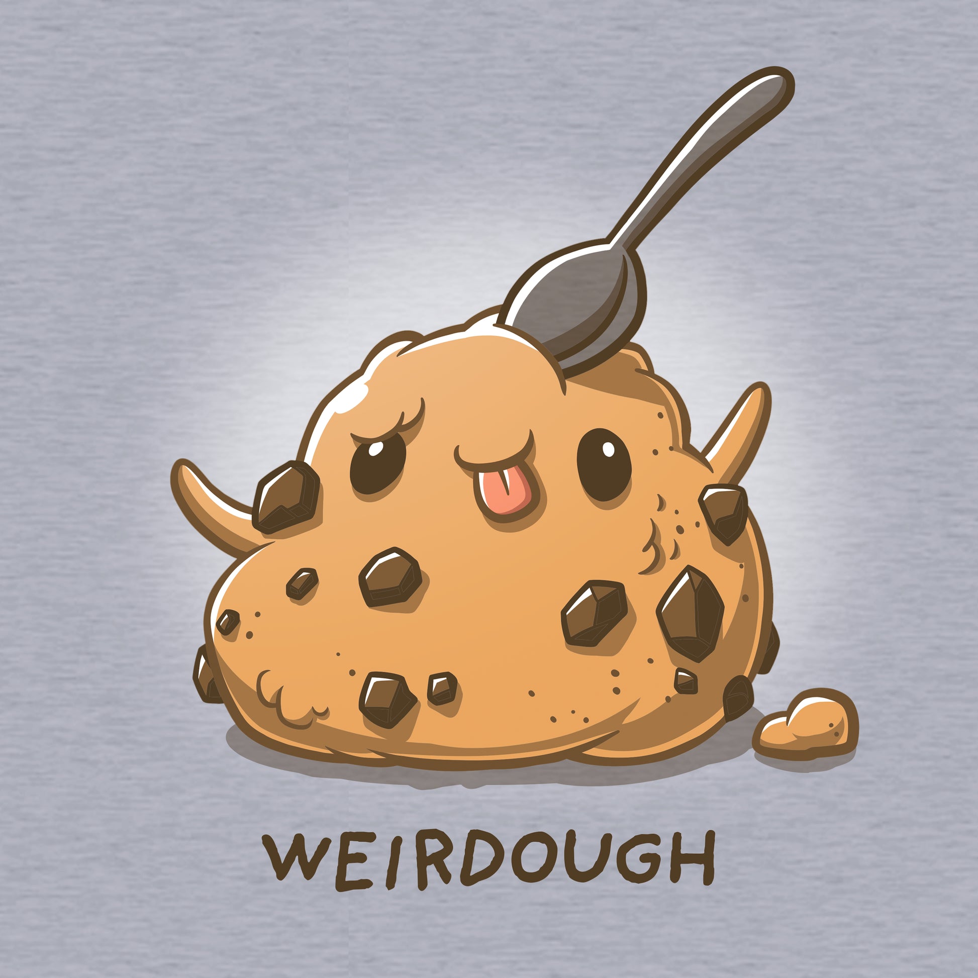 Classic Cotton T-shirt_TeeTurtle Weirdough heather gray t-shirt featuring an illustration of a ball of cookie dough with its tongue out and arms up making a silly face with a spoon sticking out on top. "WEIRDOUGH" is written underneath.