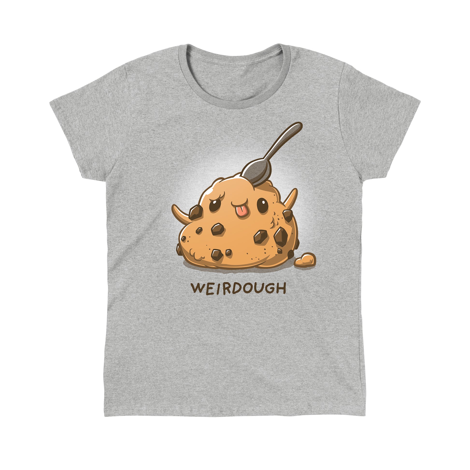 Classic Cotton T-shirt_TeeTurtle Weirdough heather gray t-shirt featuring an illustration of a ball of cookie dough with its tongue out and arms up making a silly face with a spoon sticking out on top. "WEIRDOUGH" is written underneath.