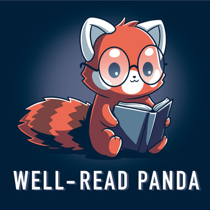 Pullover Hoodie_TeeTurtle Well-Read Panda navy blue t-shirt featuring a red panda wearing glasses and reading a book.