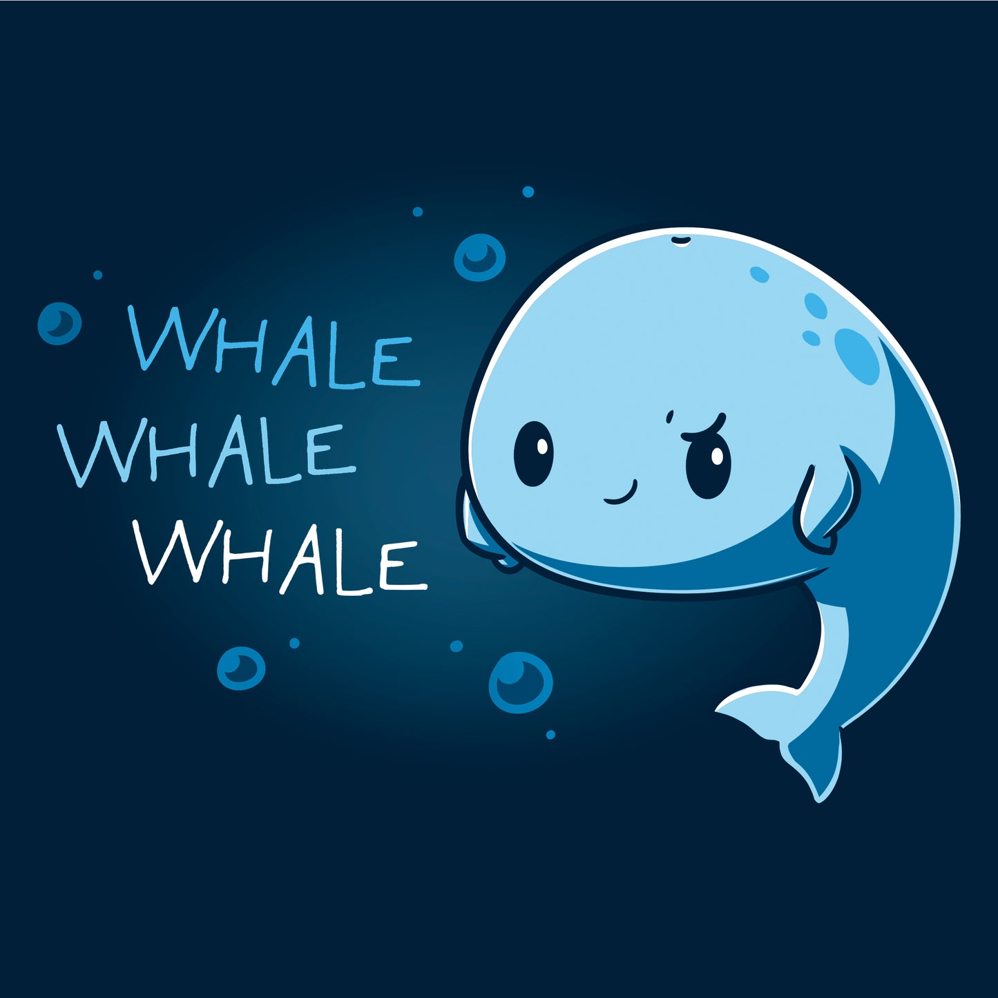 Classic Cotton T-shirt_Teeturtle Whale Whale Whale navy blue t-shirt featuring a cute, smug whale floating in the ocean with their fins on their sides with 'Whale, Whale, Whale.' written next to them.