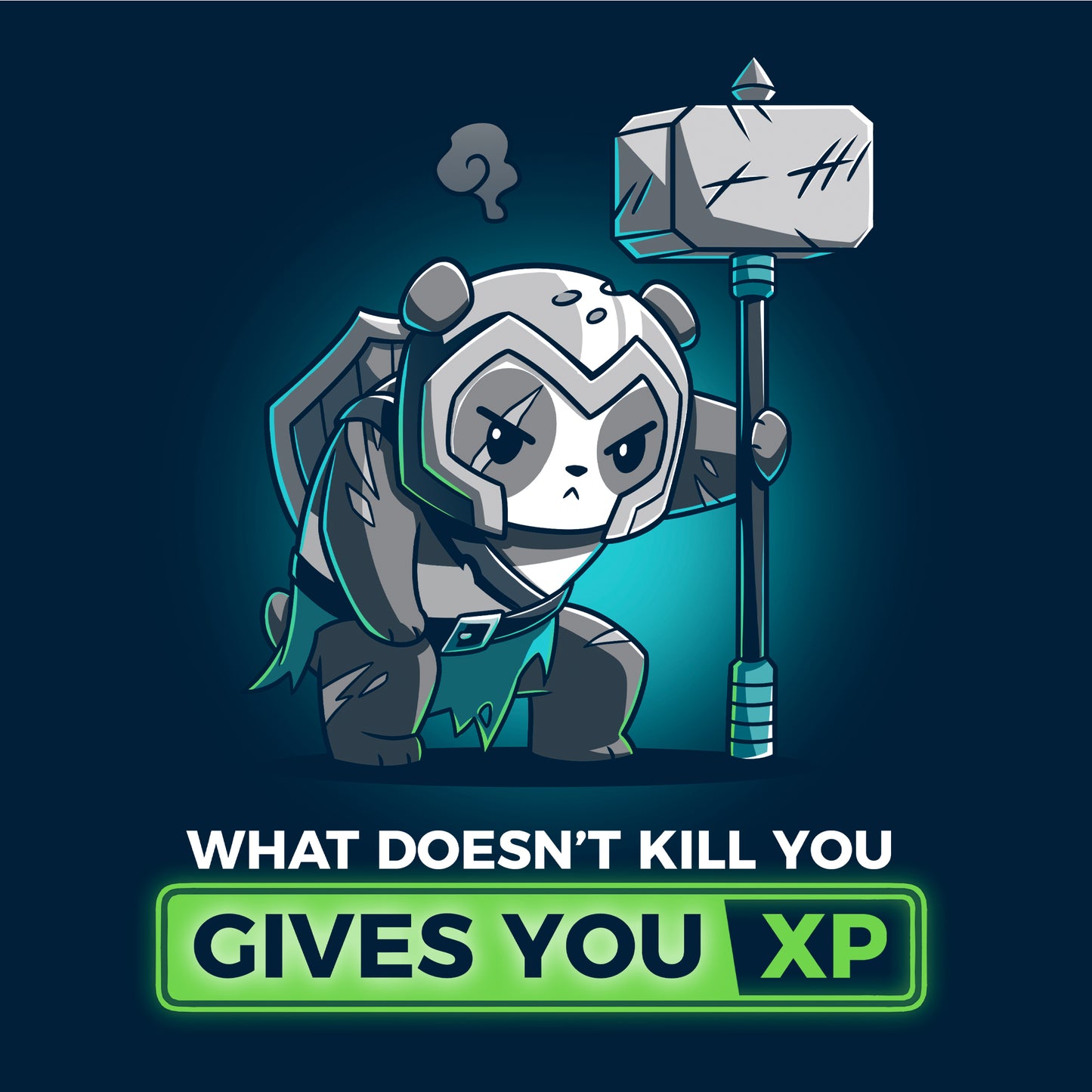 Long Sleeve T-shirt_TeeTurtle What Doesn’t Kill You Gives You XP navy blue t-shirt featuring a battle-worn, armored panda with a war hammer.