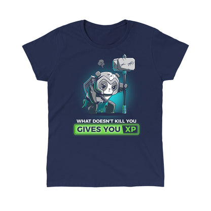 Classic Cotton T-shirt_TeeTurtle What Doesn’t Kill You Gives You XP navy blue t-shirt featuring a battle-worn, armored panda with a war hammer.