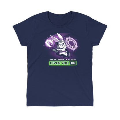 Classic Cotton T-shirt_TeeTurtle What Doesn't Kill You Gives You XP (Bunny) navy blue t-shirt featuring a rabbit in a mage costume casting a spell, holding a staff with a green potion attached. Text below reads "What Doesn't Kill You Gives You XP."