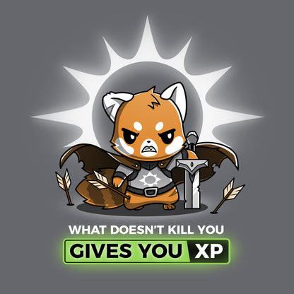 Classic Cotton T-shirt_TeeTurtle What Doesn't Kill You Gives You XP (Paladin) charcoal gray t-shirt featuring a cartoon red panda warrior holding a sword, surrounded by arrows with a serious expression.