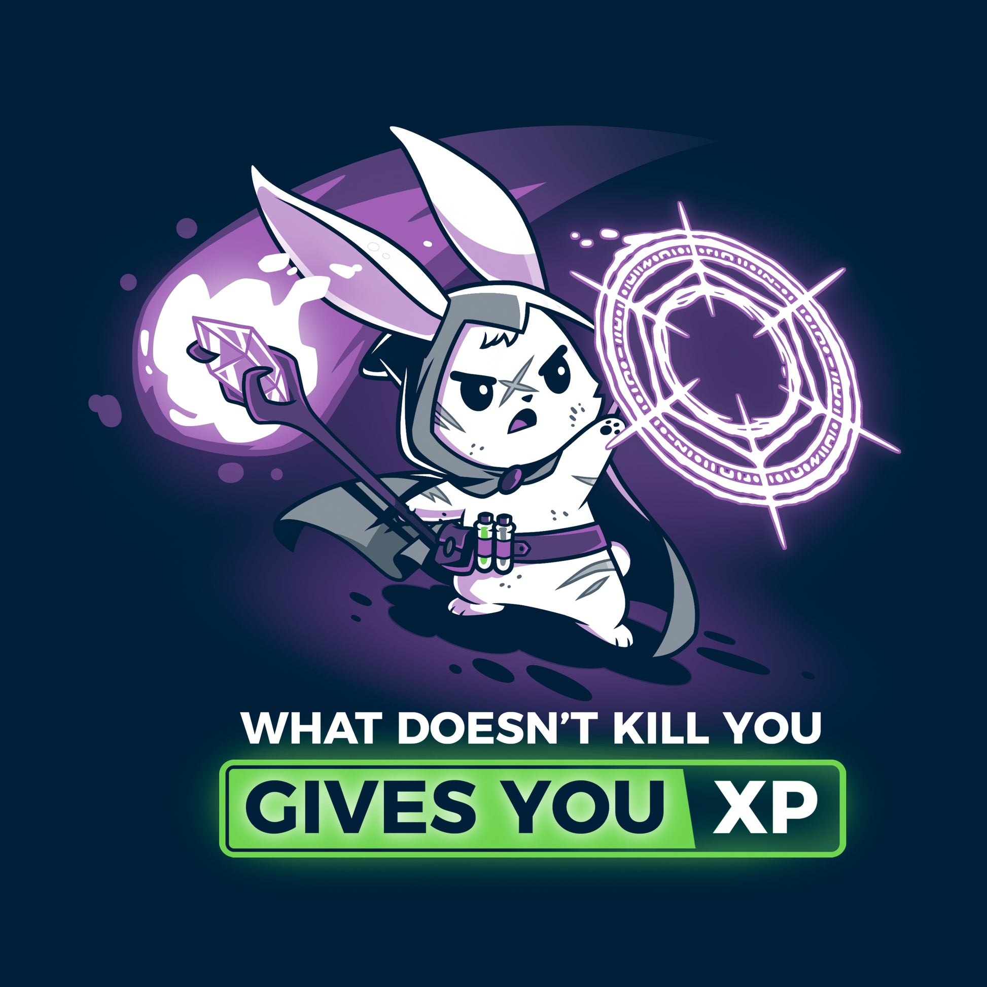 Classic Cotton T-shirt_TeeTurtle What Doesn't Kill You Gives You XP (Bunny) navy blue t-shirt featuring a rabbit in a mage costume casting a spell, holding a staff with a green potion attached. Text below reads "What Doesn't Kill You Gives You XP."