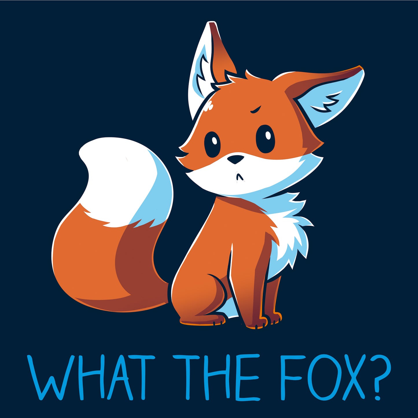 Long Sleeve T-shirt_TeeTurtle What the Fox? navy blue t-shirt featuring an adorable little fox looking quizzical posed above the pun 'What the Fox?'