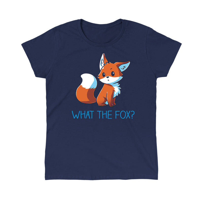 Classic Cotton T-shirt_TeeTurtle What the Fox? navy blue t-shirt featuring an adorable little fox looking quizzical posed above the pun 'What the Fox?'