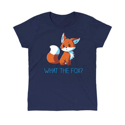 Classic Cotton T-shirt_TeeTurtle What the Fox? navy blue t-shirt featuring an adorable little fox looking quizzical posed above the pun 'What the Fox?'