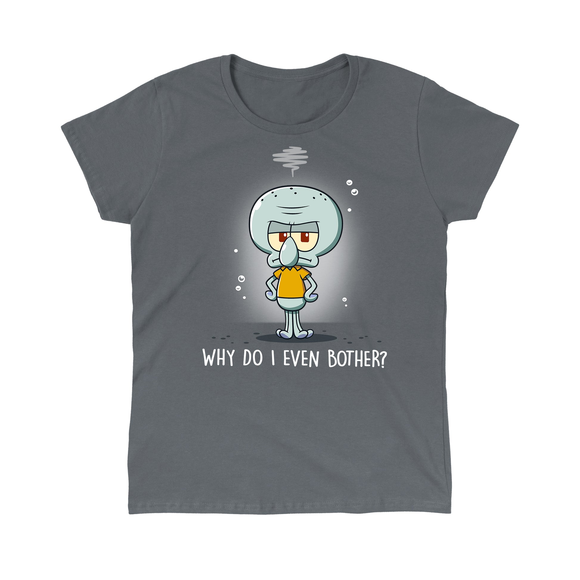 Classic Cotton T-shirt_TeeTurtle charcoal gray Why Do I Even Bother? apparel featuring Squidward with his tentacles on his hips with a grumpy expression.