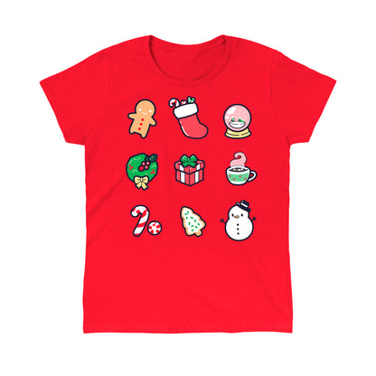 Classic Cotton T-shirt_TeeTurtle Why I Love Christmas red t-shirt featuring 9 classic holiday themed illustrations including a gingerbread man and snowman.