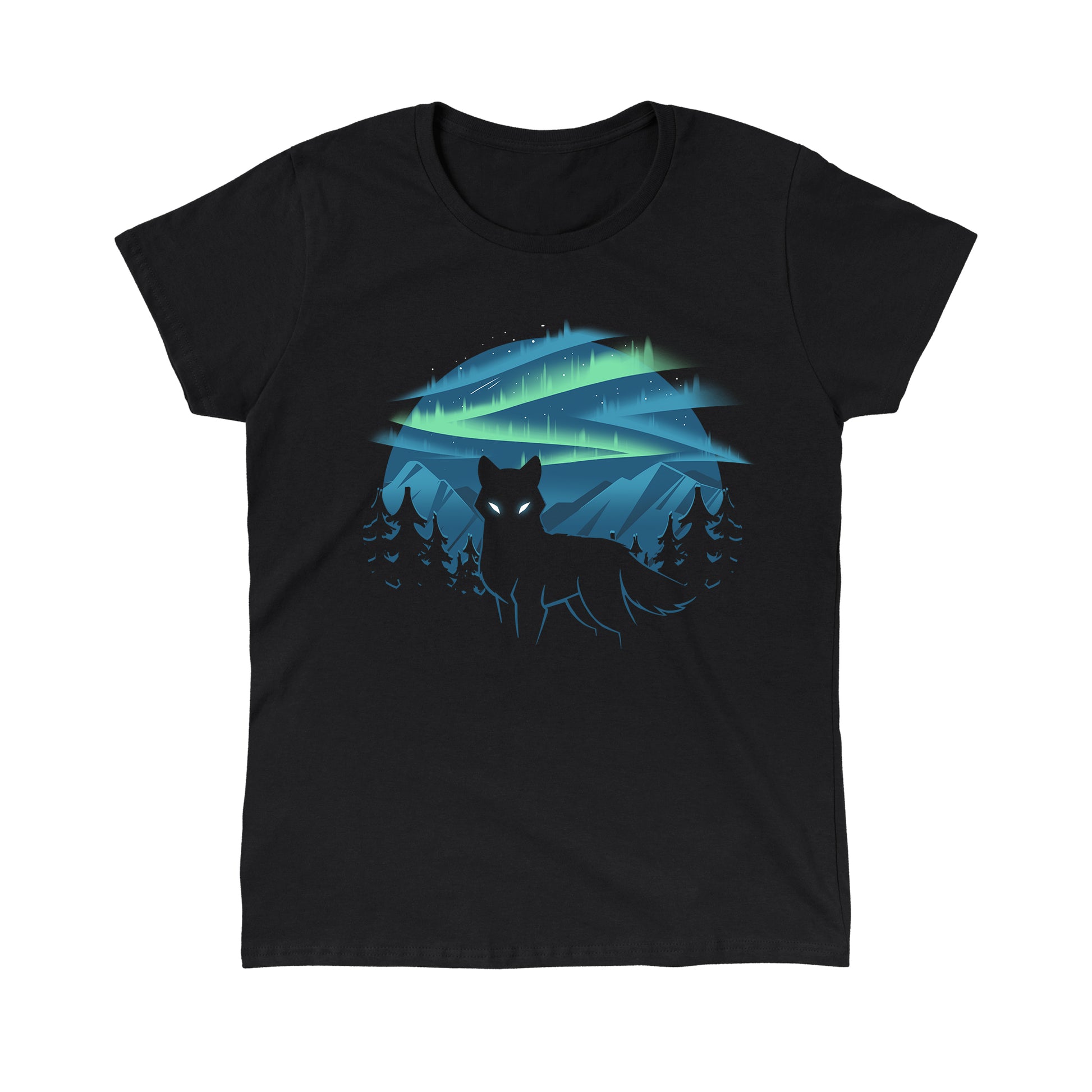 Classic Cotton T-shirt_A black apparel features a silhouette of a wolf with glowing eyes standing in front of a forest and mountains, with the wild aurora illuminating the night sky in the background. Made of super soft ringspun cotton, this Wild Aurora by monsterdigital is both comfortable and striking.