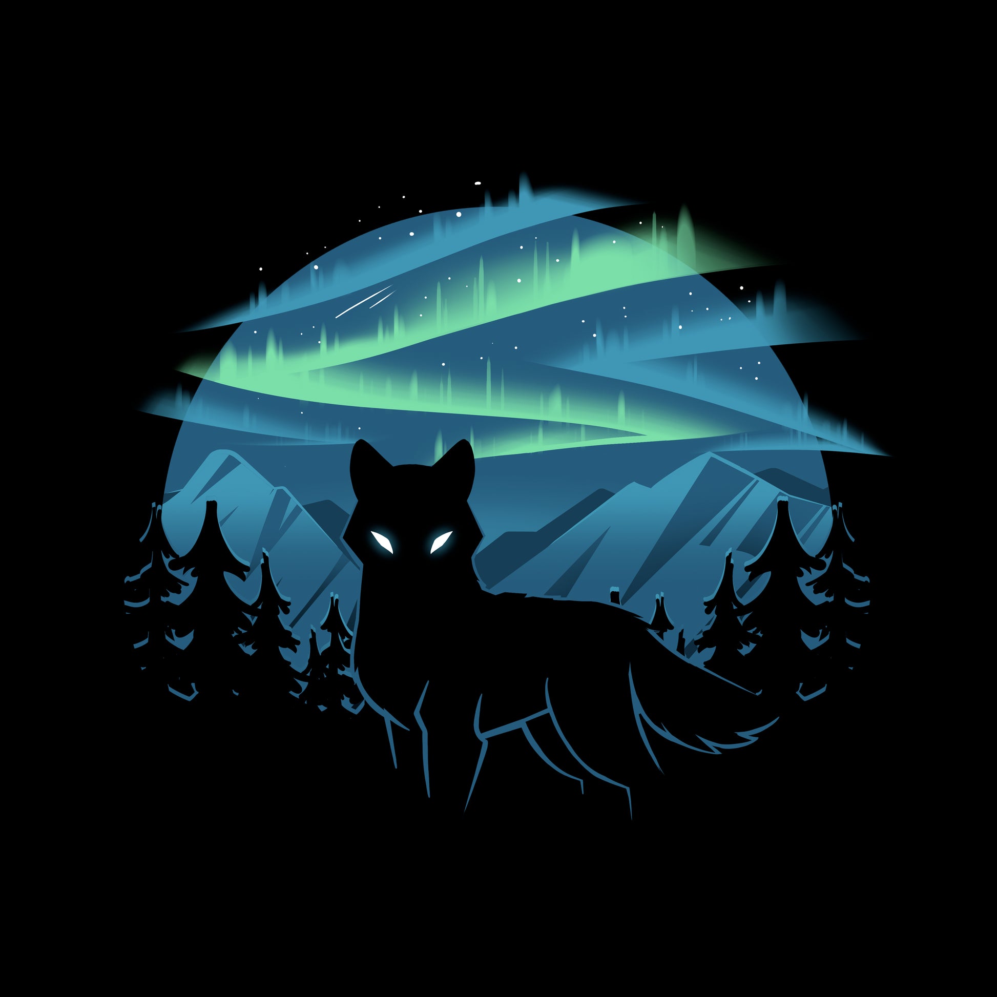 Classic Cotton T-shirt_A black apparel features a silhouette of a wolf with glowing eyes standing in front of a forest and mountains, with the wild aurora illuminating the night sky in the background. Made of super soft ringspun cotton, this Wild Aurora by monsterdigital is both comfortable and striking.