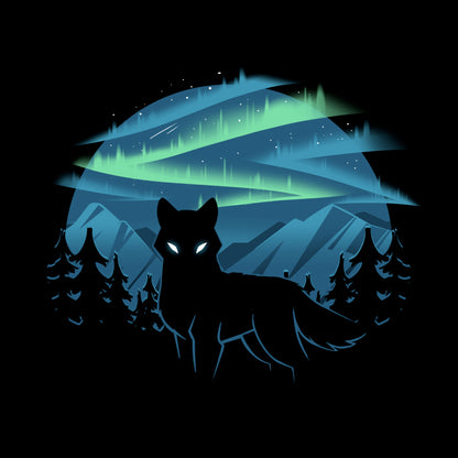 Long Sleeve T-shirt_A black apparel features a silhouette of a wolf with glowing eyes standing in front of a forest and mountains, with the wild aurora illuminating the night sky in the background. Made of super soft ringspun cotton, this Wild Aurora by monsterdigital is both comfortable and striking.