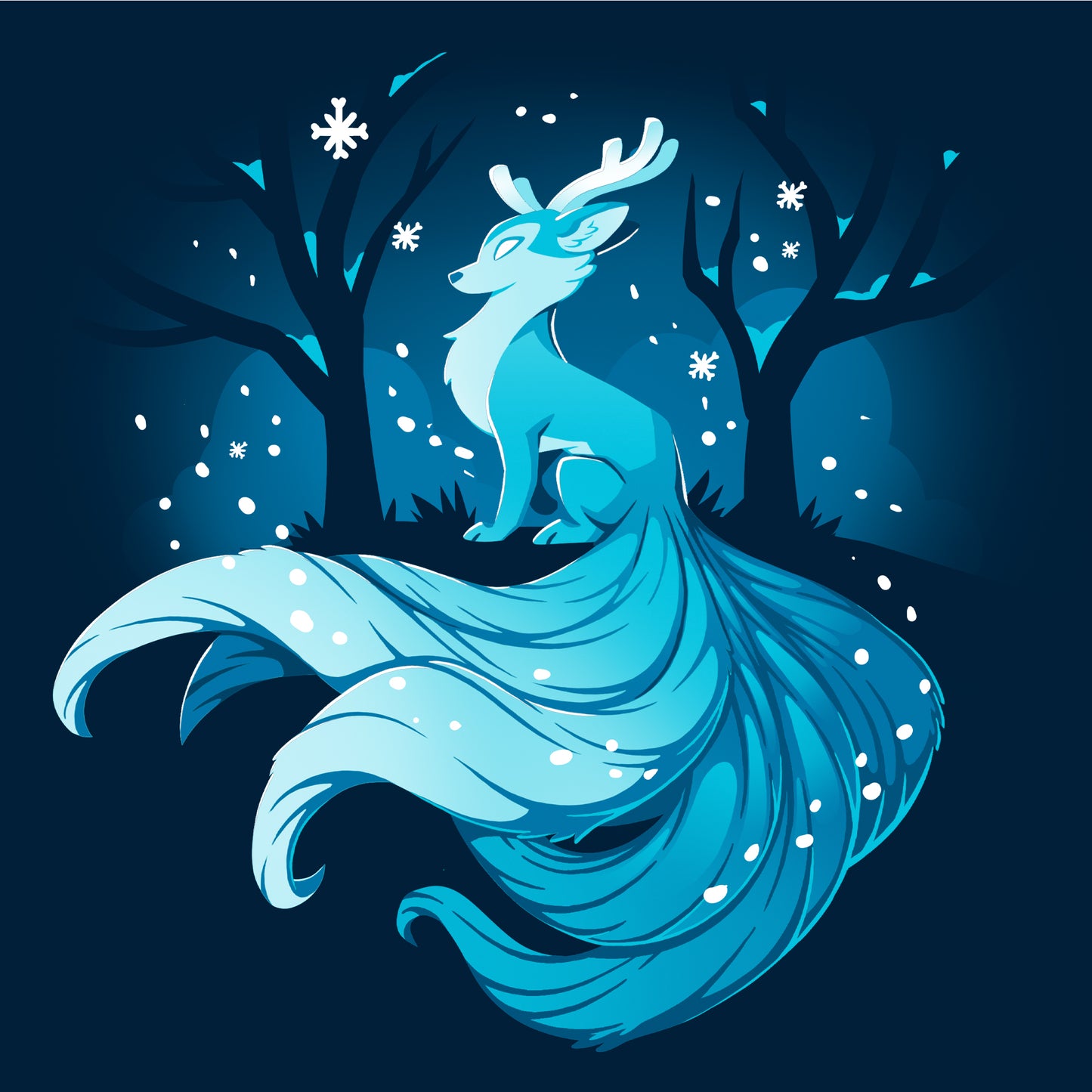 Crew Neck Sweatshirt_TeeTurtle Winter Kitsune navy blue t-shirt featuring a blue, fox-like creature with antlers, long tails, and a flowing mane sitting in a snowy forest with bare trees.