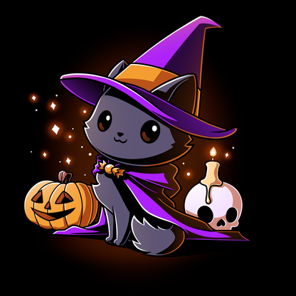 Classic Cotton T-shirt_TeeTurtle black Witch, I’m Purrfect apparel featuring a black cat wearing a purple witch hat and cloak surrounded by sparkles, a jack-o'-lantern, and a skull with a lit candle on top.