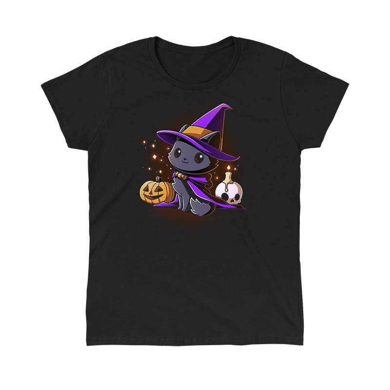 Classic Cotton T-shirt_TeeTurtle black Witch, I’m Purrfect apparel featuring a black cat wearing a purple witch hat and cloak surrounded by sparkles, a jack-o'-lantern, and a skull with a lit candle on top.