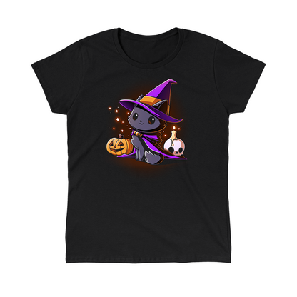 Classic Cotton T-shirt_TeeTurtle black Witch, I’m Purrfect apparel featuring a black cat wearing a purple witch hat and cloak surrounded by sparkles, a jack-o'-lantern, and a skull with a lit candle on top.