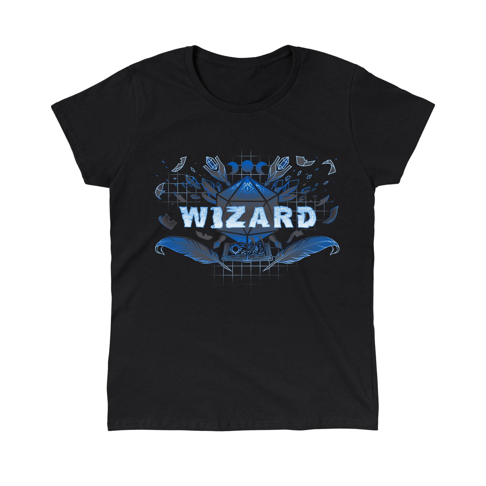 Classic Cotton T-shirt_TeeTurtle Wizard Class black t-shirt featuring the word wizard in blue with various symbols inside it, surrounded by wands, feathers, and gems. Behind it is a D20 dice above an open book.