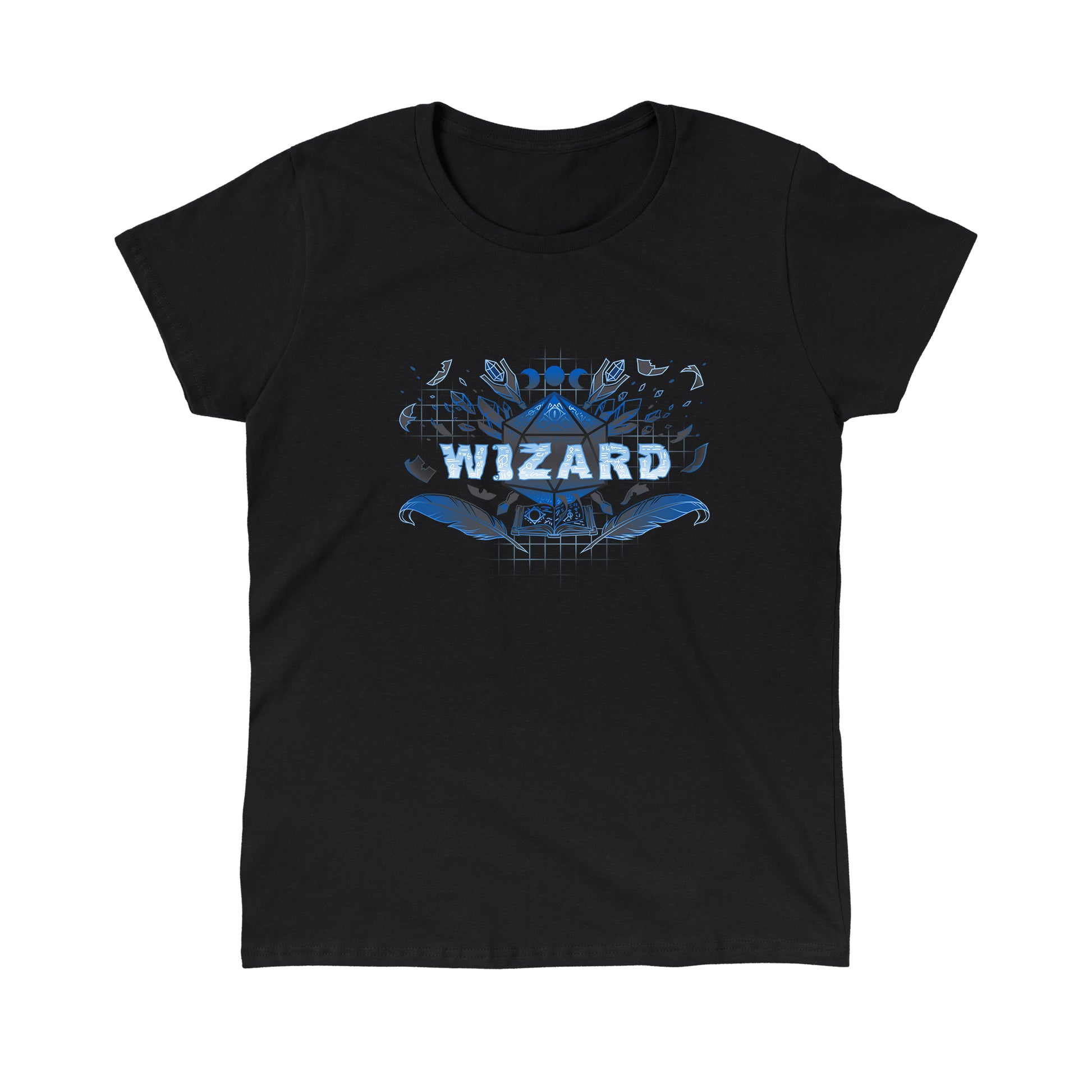 Classic Cotton T-shirt_TeeTurtle Wizard Class black t-shirt featuring the word wizard in blue with various symbols inside it, surrounded by wands, feathers, and gems. Behind it is a D20 dice above an open book.