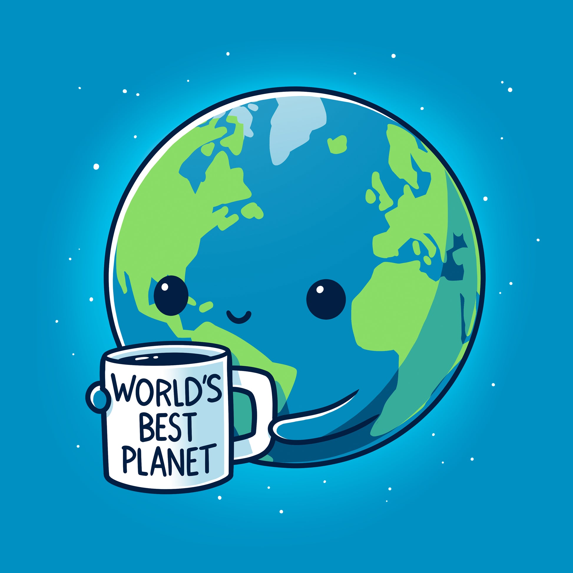 Classic Cotton T-shirt_Teeturtle World's Best Planet Sapphire Blue Featuring a cute cartoon-styled Earth holding a mug that reads 'World's Best Planet'.