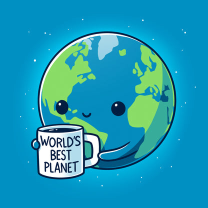 Classic Cotton T-shirt_Teeturtle World's Best Planet Sapphire Blue Featuring a cute cartoon-styled Earth holding a mug that reads 'World's Best Planet'.