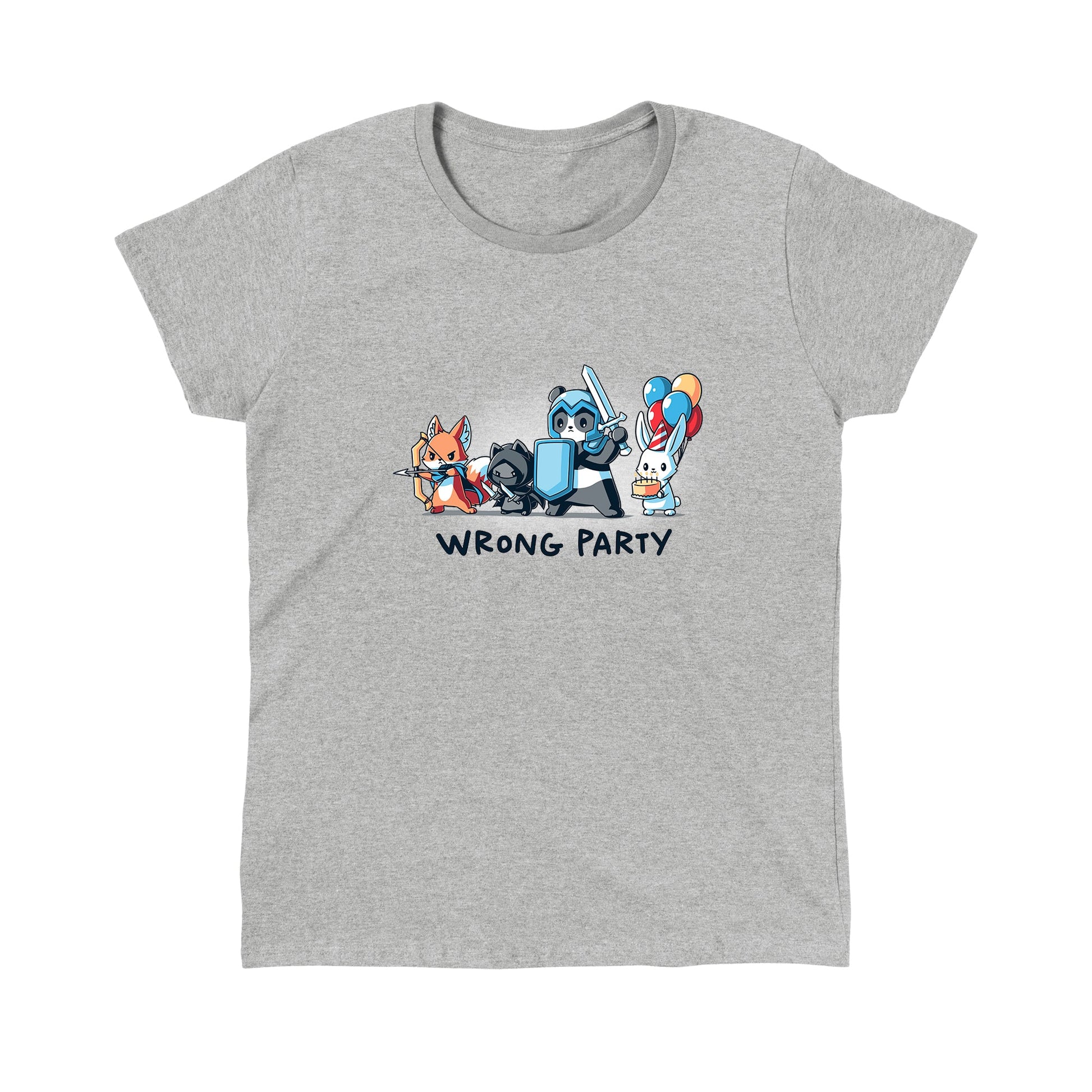 Classic Cotton T-shirt_A group of cartoon animals dressed as an archer fox, ninja cat, knight panda, and a rabbit holding balloons and cake. Text below reads "WRONG PARTY." This whimsical scene is printed on a monsterdigital Wrong Party apparel made from super soft ringspun cotton. Unisex apparelavailable.
