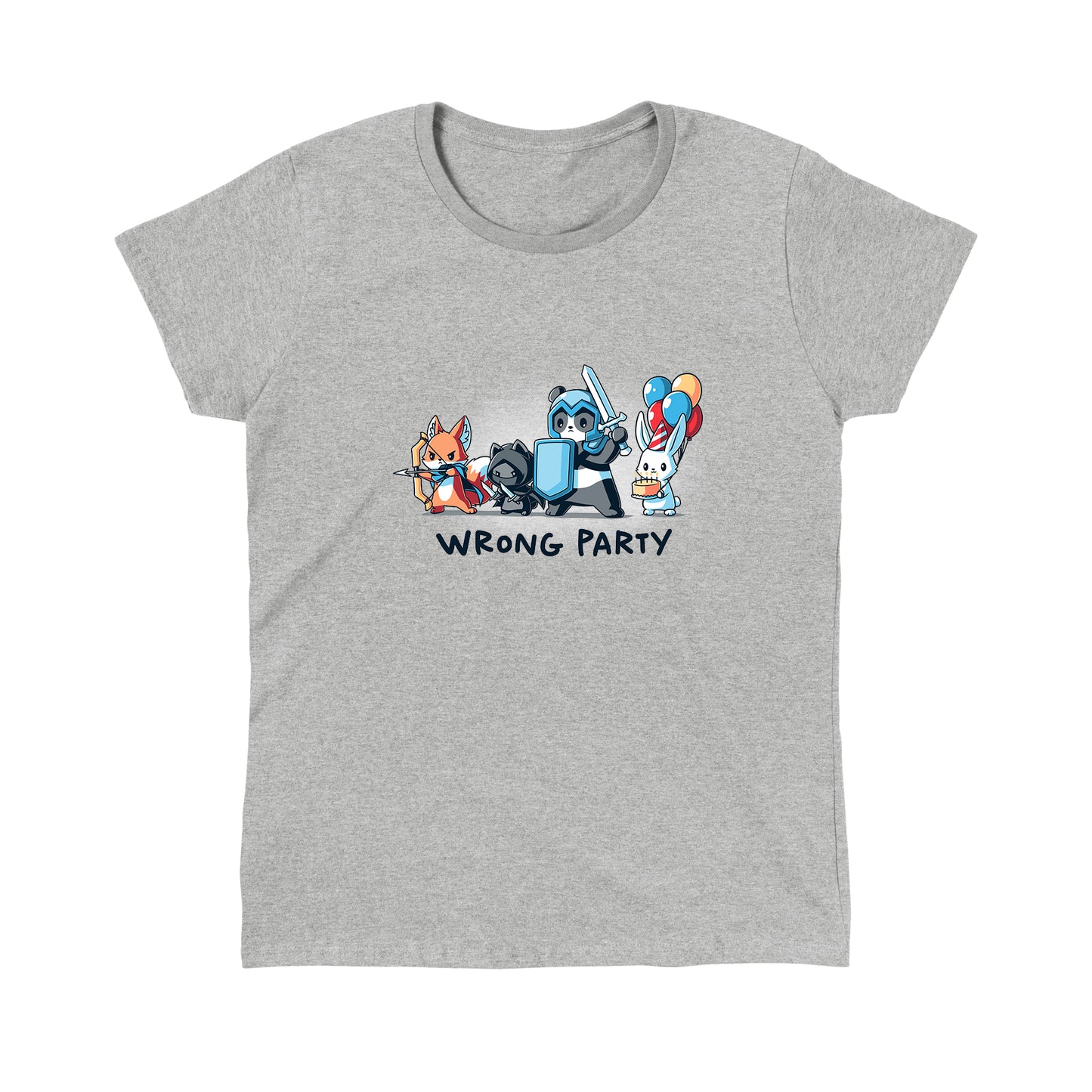 Classic Cotton T-shirt_A group of cartoon animals dressed as an archer fox, ninja cat, knight panda, and a rabbit holding balloons and cake. Text below reads "WRONG PARTY." This whimsical scene is printed on a monsterdigital Wrong Party apparel made from super soft ringspun cotton. Unisex apparelavailable.