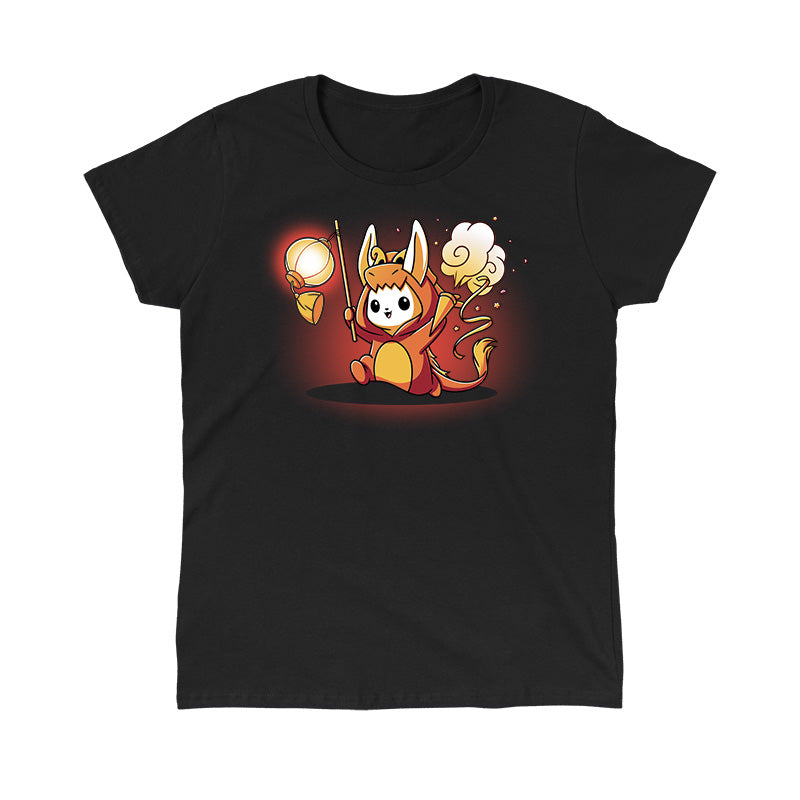 Classic Cotton T-shirt_TeeTurtle Year of the Dragon Kigurumi black t-shirt featuring a white bunny dressed in an orange dragon costume while holding party favors surrounded by orange stars.