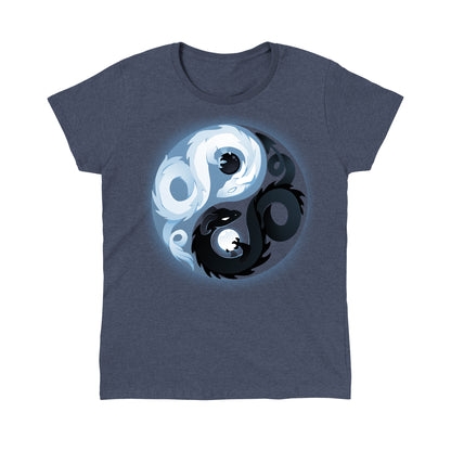 Classic Cotton T-shirt_Teeturtle Yin and Yang Dragons heather navy t-shirt featuring white and black dragon-like creatures intertwined in a symbol design.