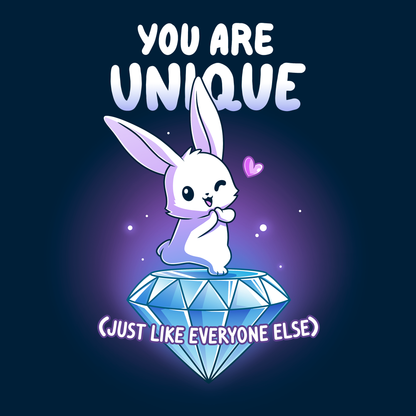 Long Sleeve T-shirt_TeeTurtle navy blue You Are Unique apparel featuring a winking bunny with a heart standing on top of a giant sparkling diamond with the sarcastic caption, “You are Unique (Just Like Everyone Else)“.