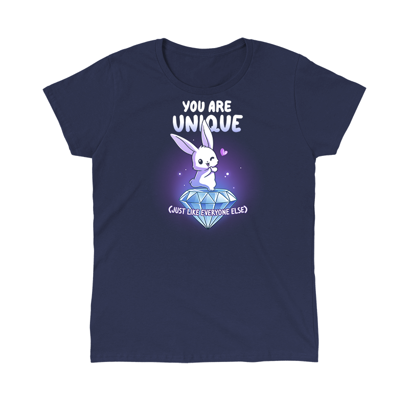 Classic Cotton T-shirt_TeeTurtle navy blue You Are Unique apparel featuring a winking bunny with a heart standing on top of a giant sparkling diamond with the sarcastic caption, “You are Unique (Just Like Everyone Else)“.