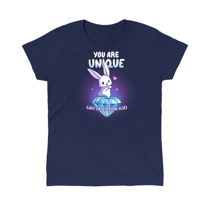 Classic Cotton T-shirt_TeeTurtle navy blue You Are Unique apparel featuring a winking bunny with a heart standing on top of a giant sparkling diamond with the sarcastic caption, “You are Unique (Just Like Everyone Else)“.