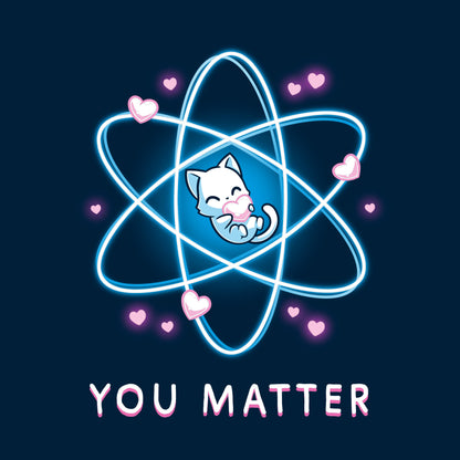 Long Sleeve T-shirt_TeeTurtle You Matter navy blue t-shirt featuring a cat hugging a heart, surrounded by an atomic structure.