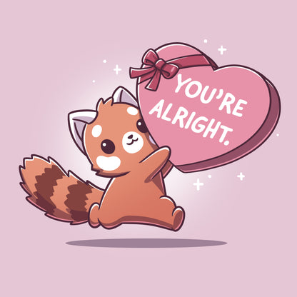 Classic Cotton T-shirt_TeeTurtle light pink You're Alright. apparel featuring a red panda holding a giant heart-shaped box of chocolates labeled, "You're Alright."