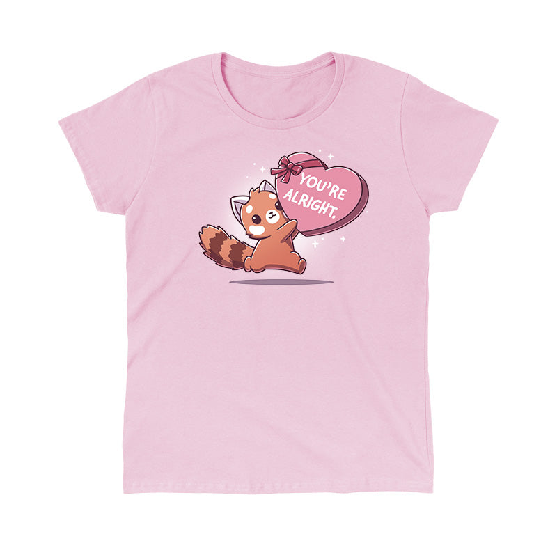 Classic Cotton T-shirt_TeeTurtle light pink You're Alright. apparel featuring a red panda holding a giant heart-shaped box of chocolates labeled, "You're Alright."