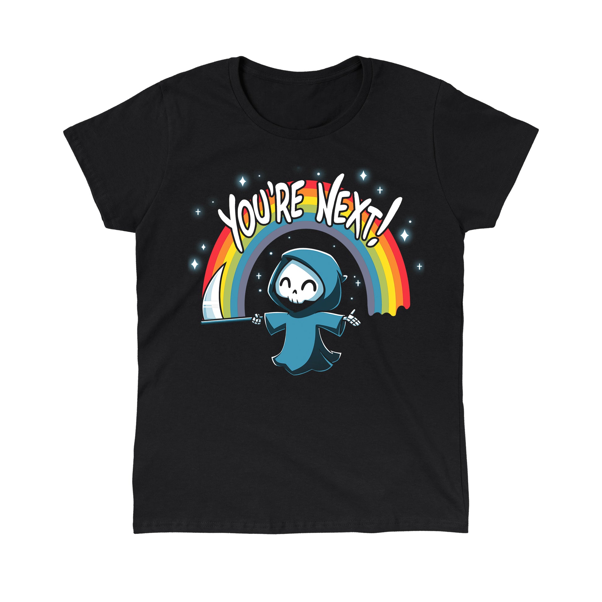 Classic Cotton T-shirt_TeeTurtle You're Next! black t-shirt featuring a cheerful Grim Reaper with a scythe under a rainbow and the text "You're Next!" 