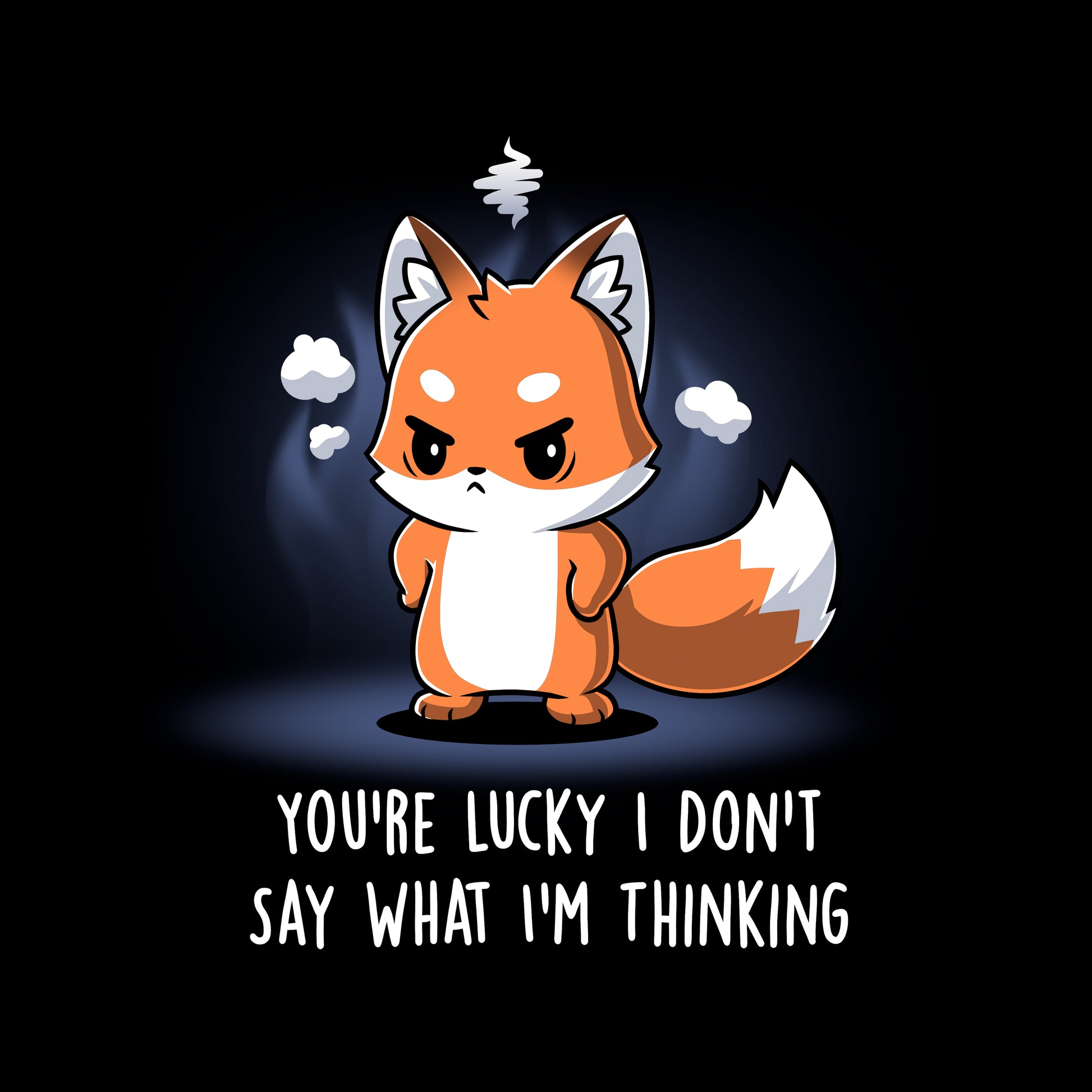 Classic Cotton T-shirt_TeeTurtle You're Lucky I Don’t Say What I’m Thinking black t-shirt featuring a fox with an angry expression standing surrounded by steam, with text "You're lucky I don't say what I'm thinking."