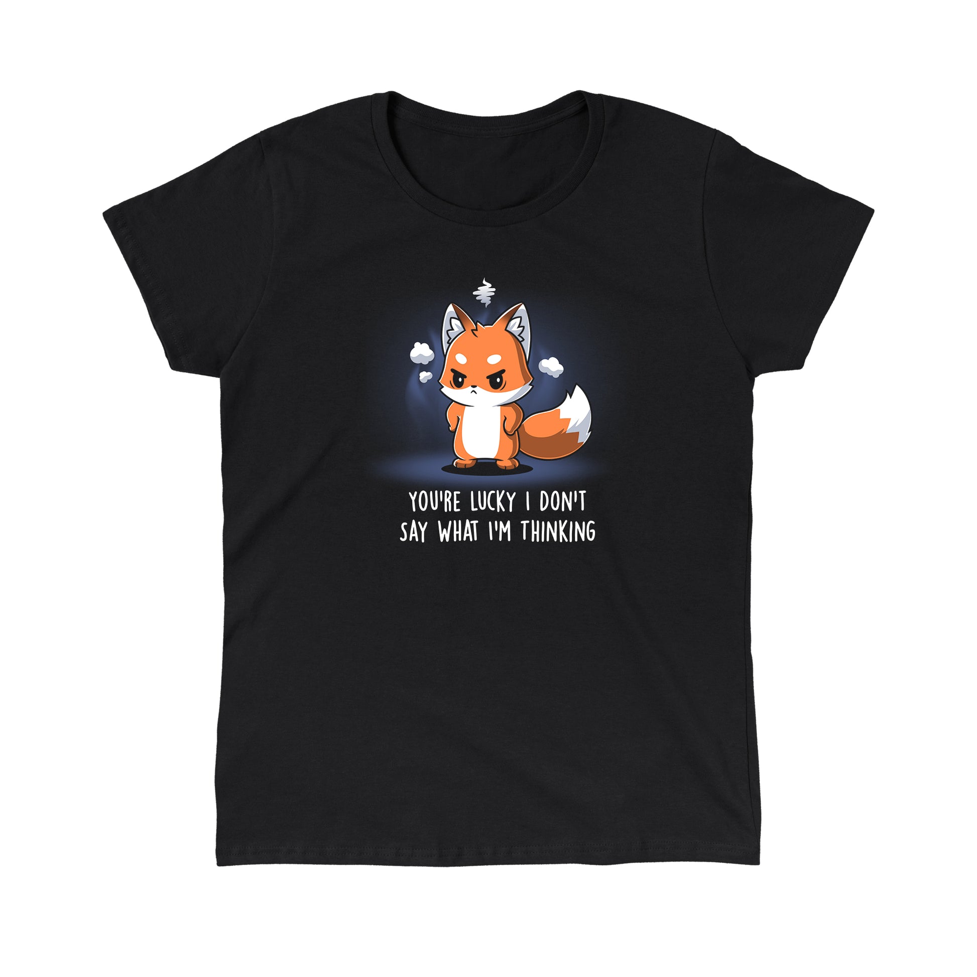 Classic Cotton T-shirt_TeeTurtle You're Lucky I Don’t Say What I’m Thinking black t-shirt featuring a fox with an angry expression standing surrounded by steam, with text "You're lucky I don't say what I'm thinking."