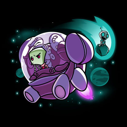 Crew Neck Sweatshirt_TeeTurtle black Zim and Gir in Space apparel featuring Zim in a spaceship, and Gir sitting on an asteroid with planets in the background.