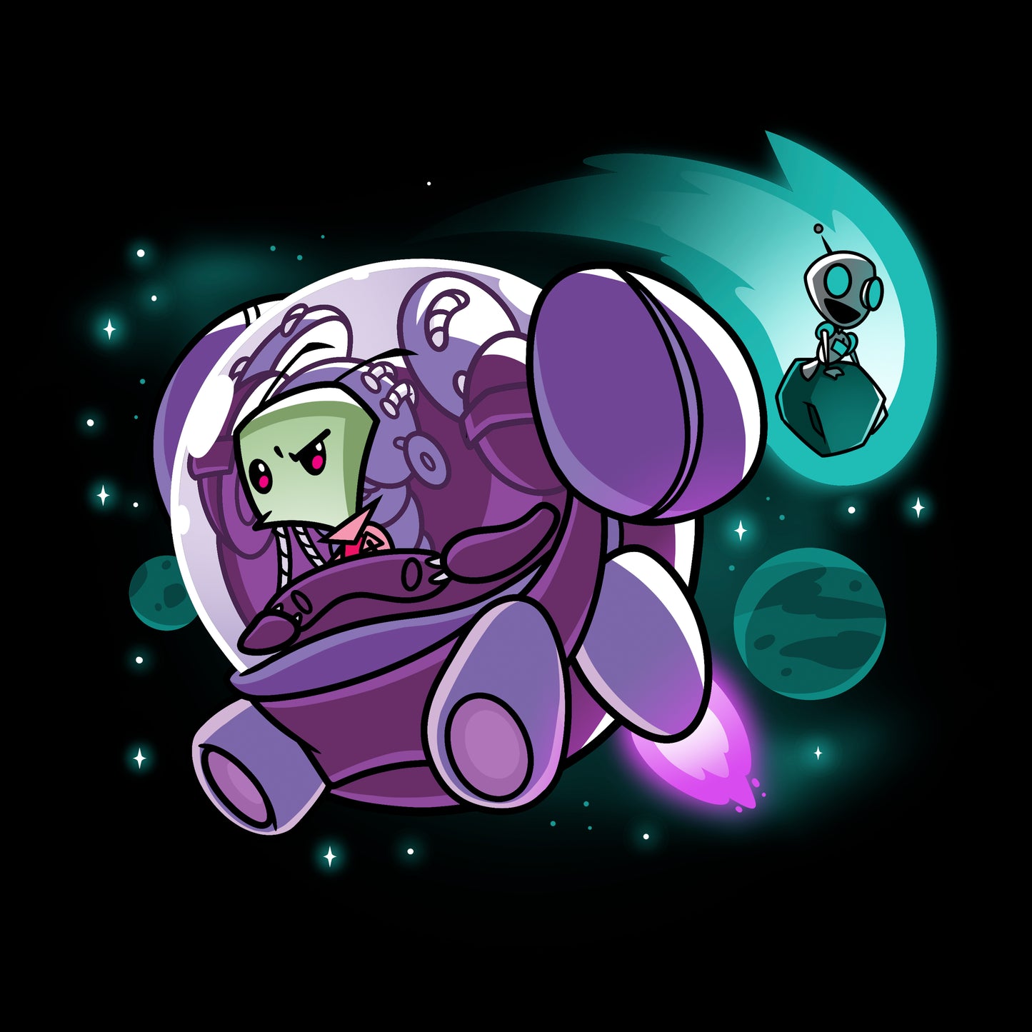 Long Sleeve T-shirt_TeeTurtle black Zim and Gir in Space apparel featuring Zim in a spaceship, and Gir sitting on an asteroid with planets in the background.