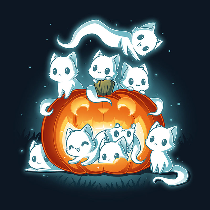 Pullover Hoodie_TeeTurtle navy blue Pawssessed Pumpkin apparel featuring a giant jack-o'-lantern with nine ghost cats in various playful poses around it.