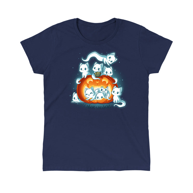 Classic Cotton T-shirt_TeeTurtle navy blue Pawssessed Pumpkin apparel featuring a giant jack-o'-lantern with nine ghost cats in various playful poses around it.